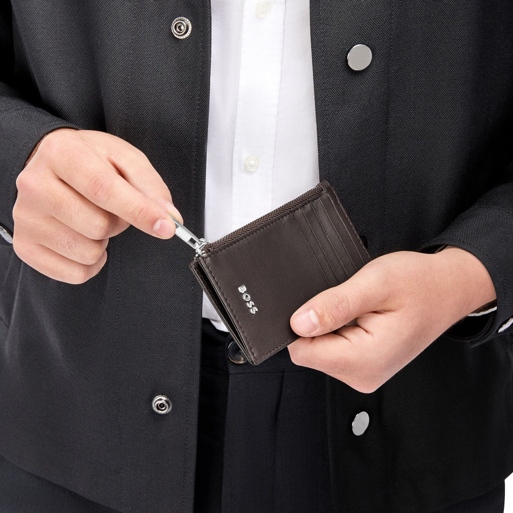 BOSS brown soft leather card holder with 5 card slots & zipped pouch