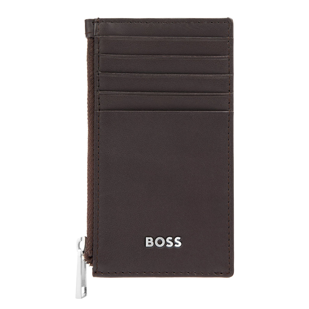 BOSS brown soft leather card holder with 5 card slots & zipped pouch