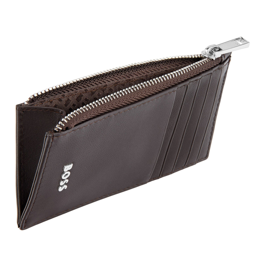 BOSS brown soft leather card holder with 5 card slots & zipped pouch