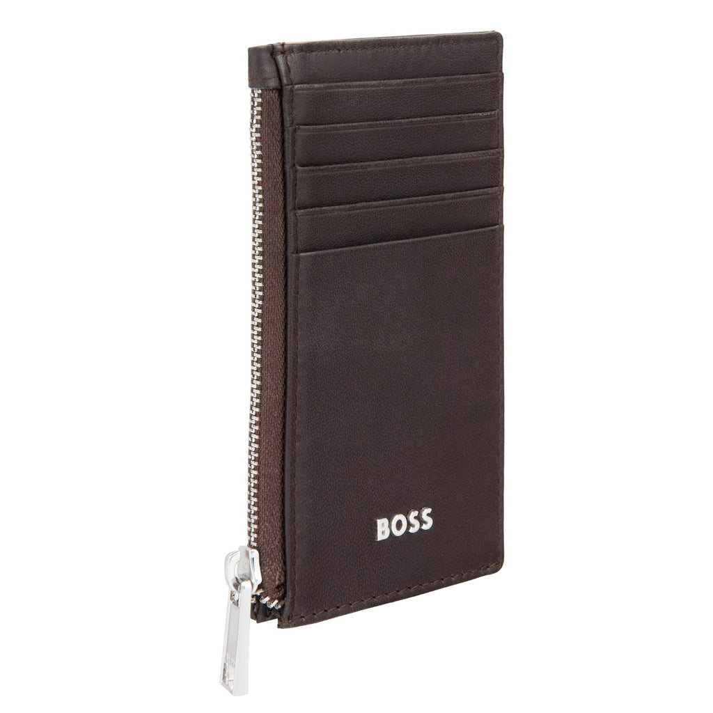 BOSS brown soft leather card holder with 5 card slots & zipped pouch
