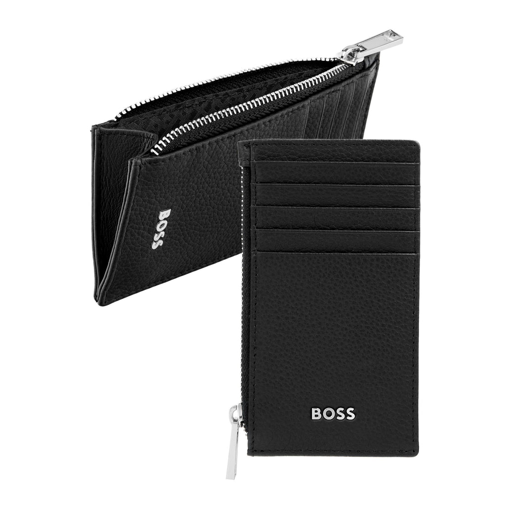 BOSS black grained leather zipped card holder with external wrist strap