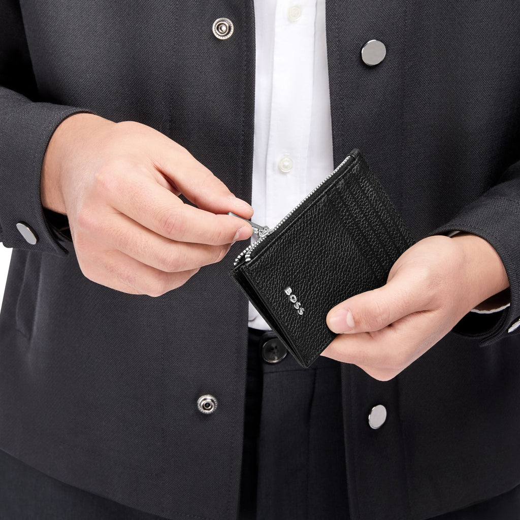 BOSS black grained leather zipped card holder with external wrist strap