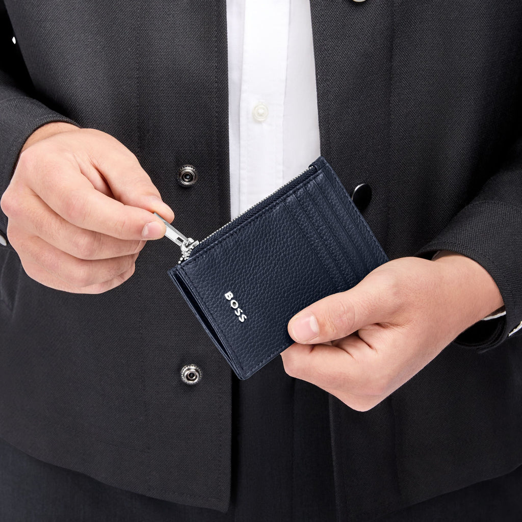 BOSS navy card wallet with zipped coin bag & exterior card slots