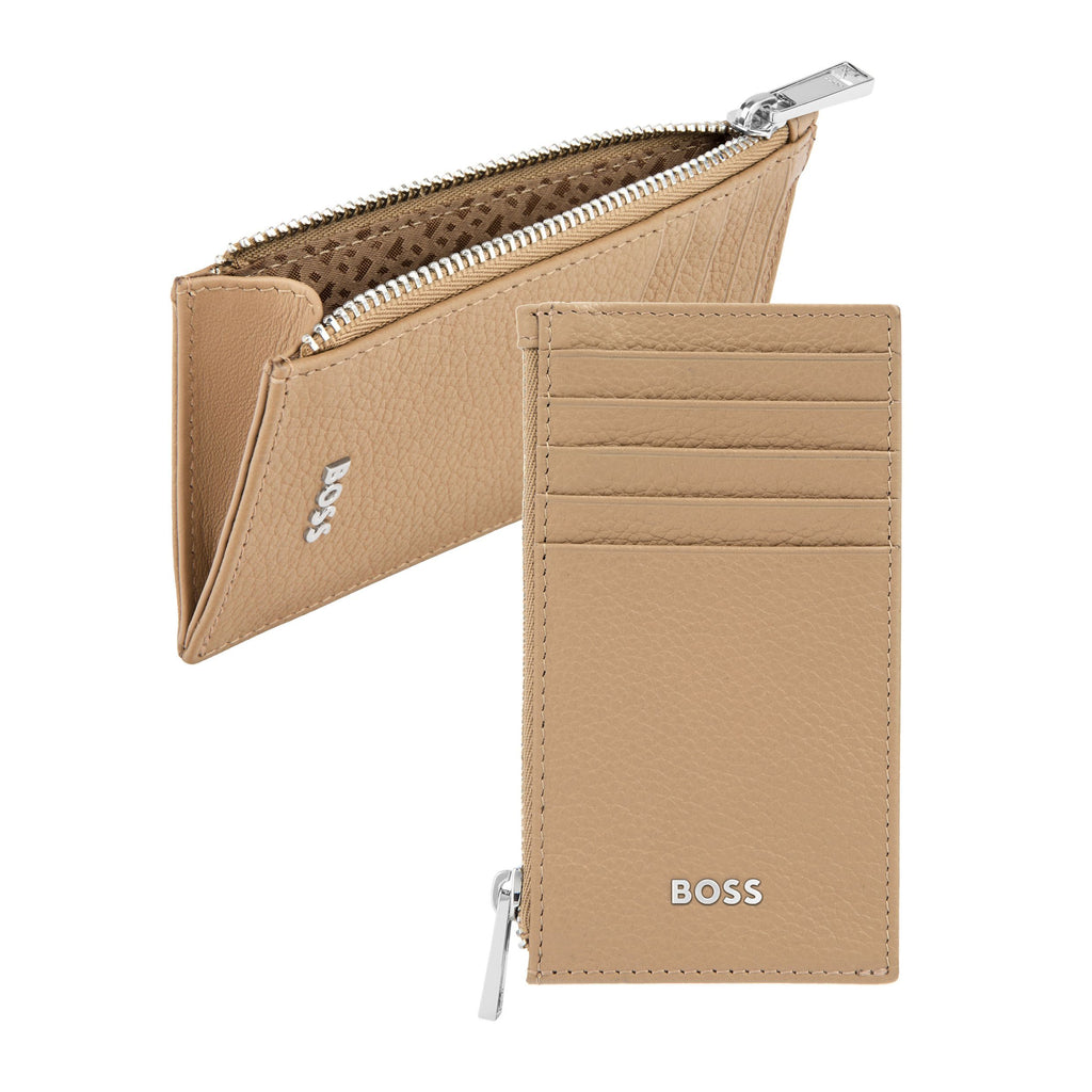 BOSS pastel brown grained leather card holder with BOSS chrome metal logo