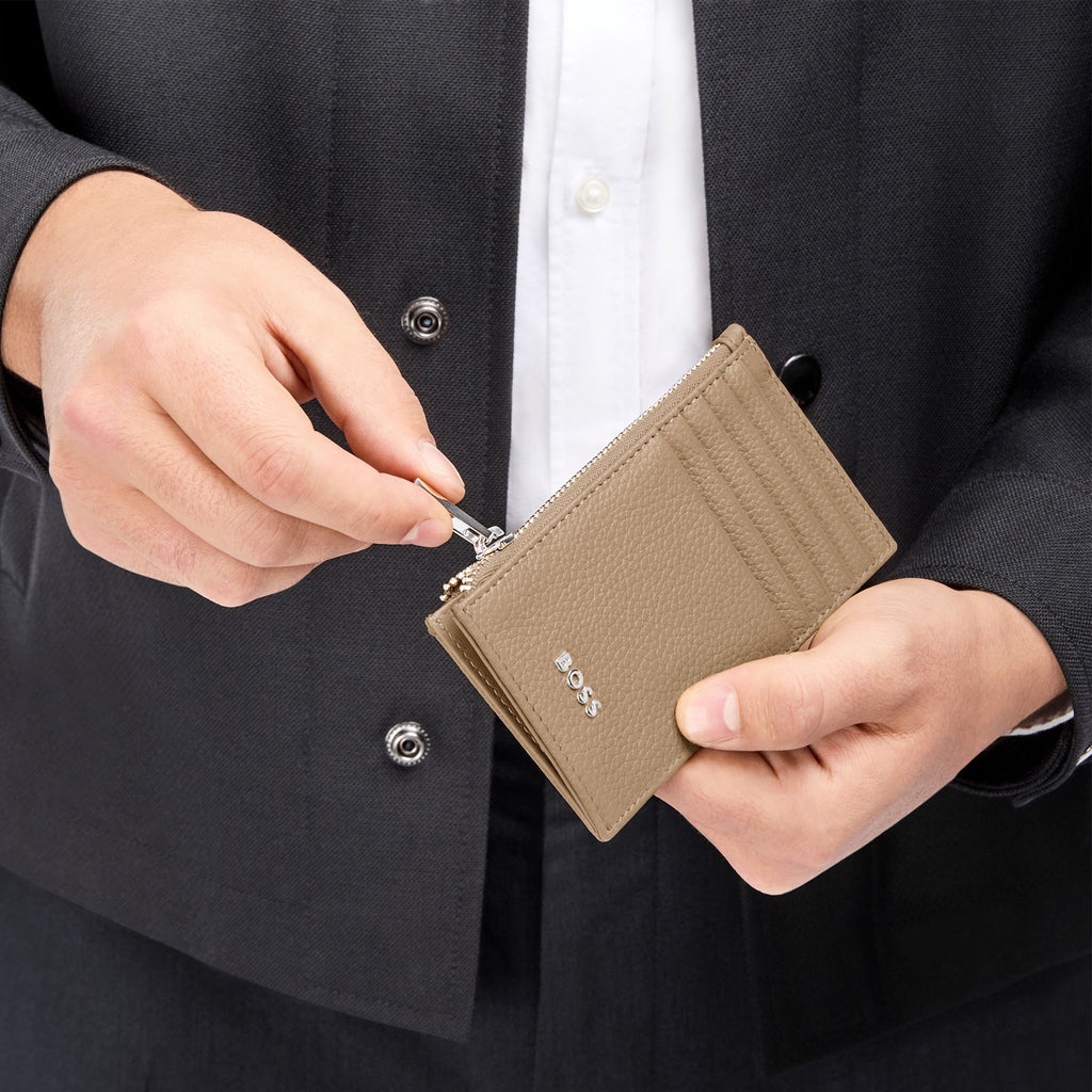 BOSS pastel brown grained leather card holder with BOSS chrome metal logo
