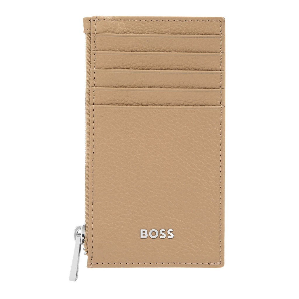 BOSS pastel brown grained leather card holder with BOSS chrome metal logo