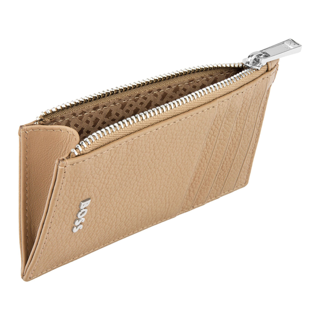 BOSS pastel brown grained leather card holder with BOSS chrome metal logo