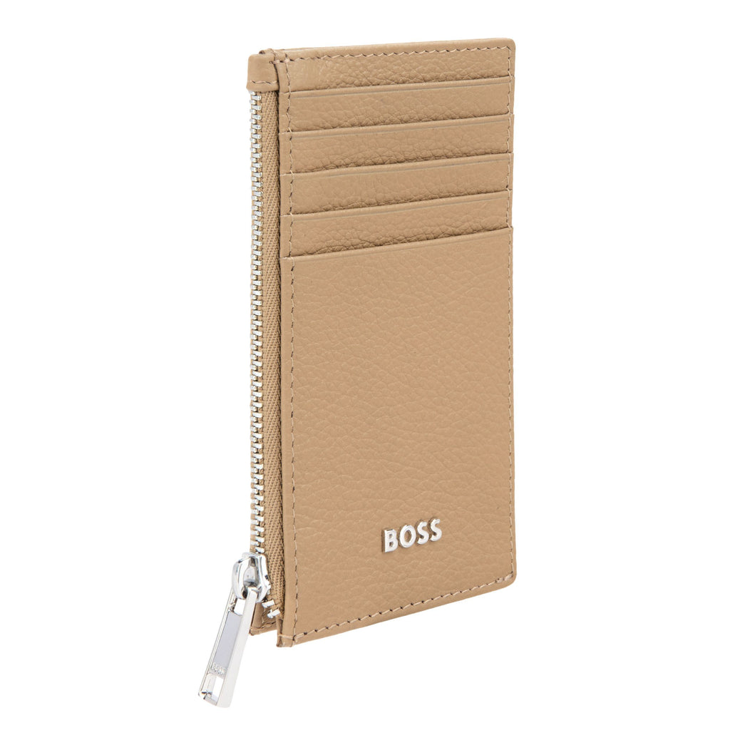 BOSS pastel brown grained leather card holder with BOSS chrome metal logo
