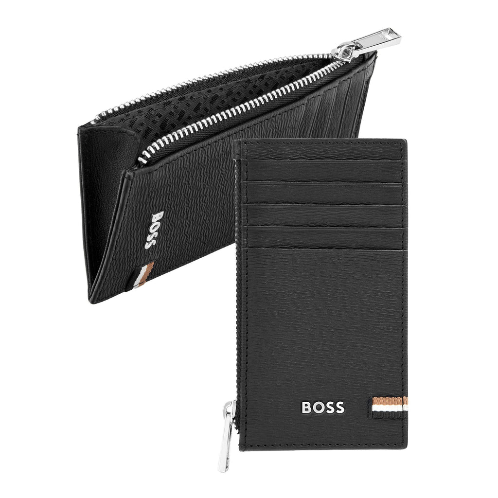 BOSS black zipped pouch card holder with iconic tri-color stripes