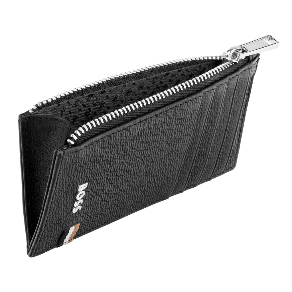 BOSS black zipped pouch card holder with iconic tri-color stripes