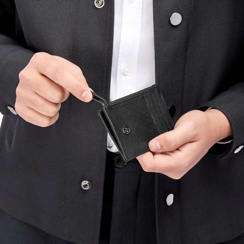 BOSS black zipped card holder with Double B gun-plated metal logo