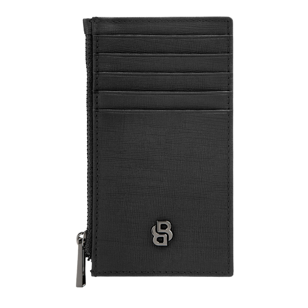 BOSS black zipped card holder with Double B gun-plated metal logo