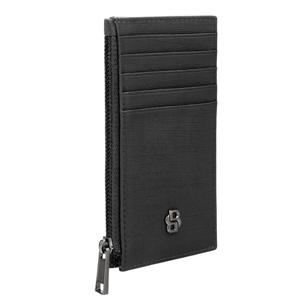 BOSS black zipped card holder with Double B gun-plated metal logo