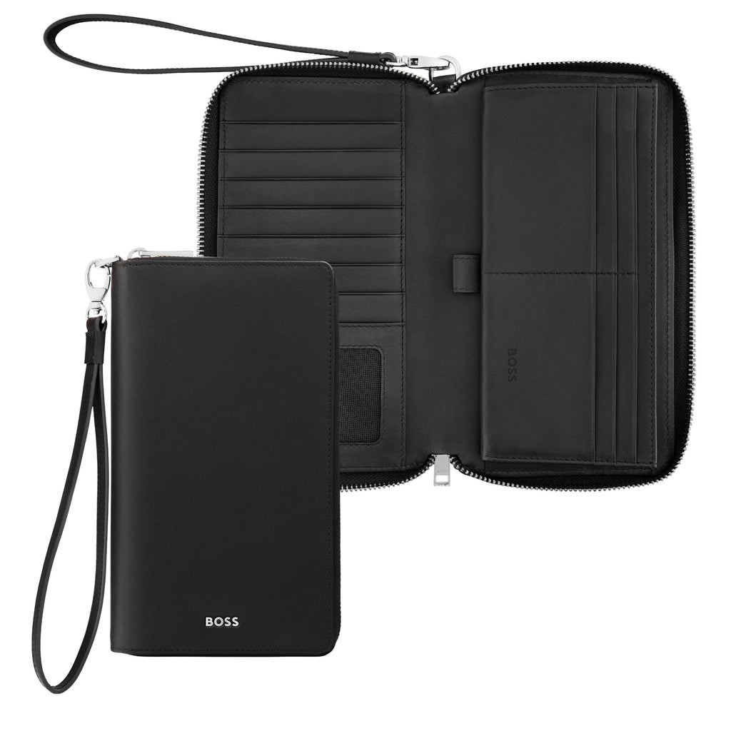 BOSS black travel wallet with metal zipped puller & external wrist strap
