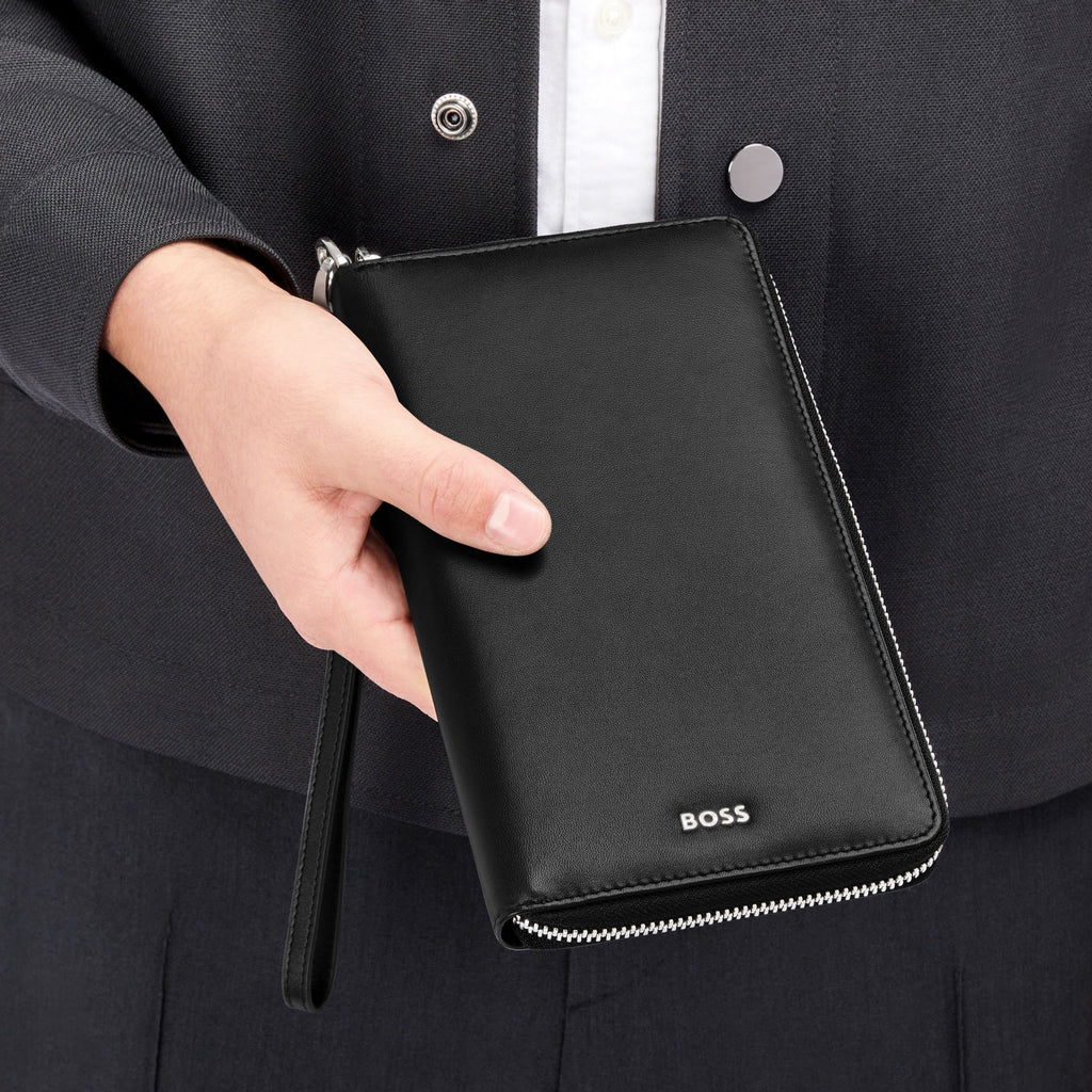 BOSS black travel wallet with metal zipped puller & external wrist strap