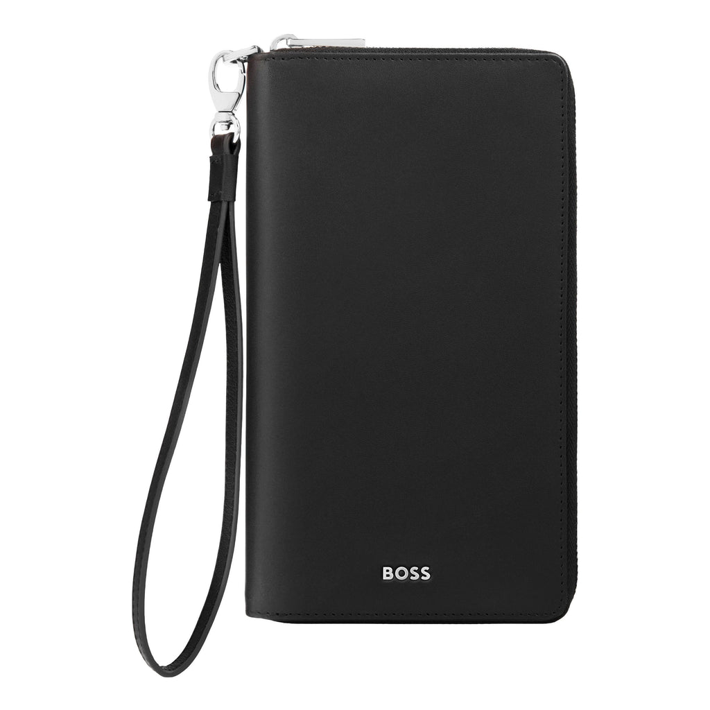 BOSS black travel wallet with metal zipped puller & external wrist strap