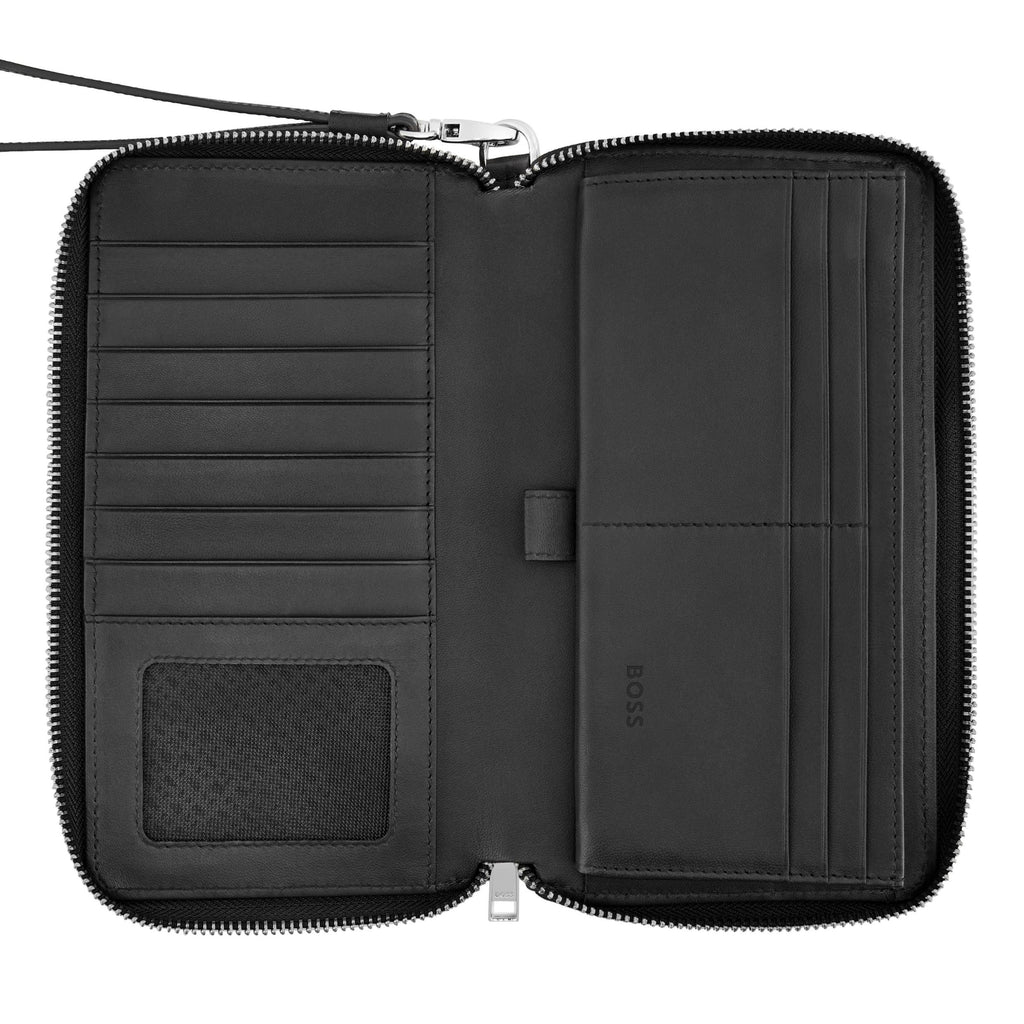 BOSS black travel wallet with metal zipped puller & external wrist strap