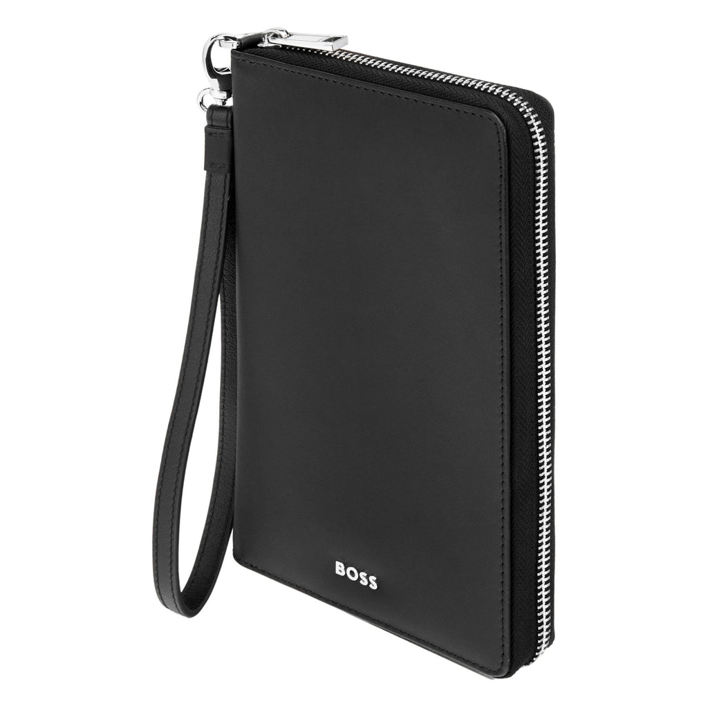 BOSS black travel wallet with metal zipped puller & external wrist strap