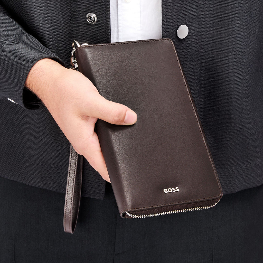 BOSS brown soft leather travel wallet with metal zipped coin bag 