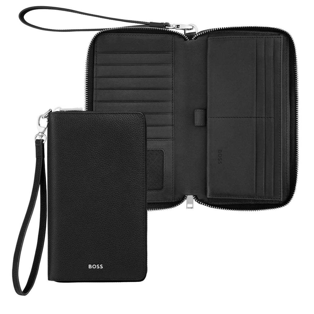 BOSS black travel wallet in grained leather with BOSS metal logo