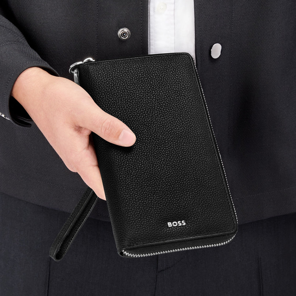 BOSS black travel wallet in grained leather with BOSS metal logo