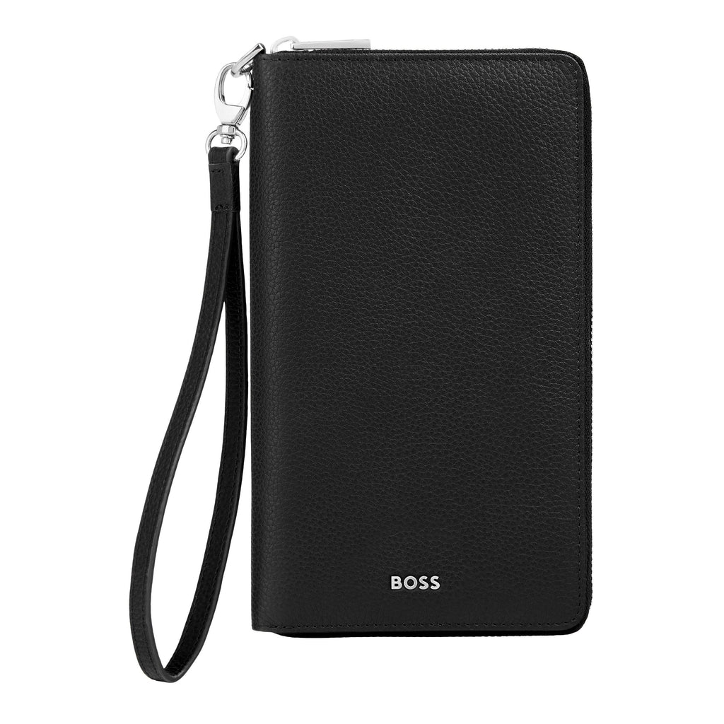 BOSS black travel wallet in grained leather with BOSS metal logo