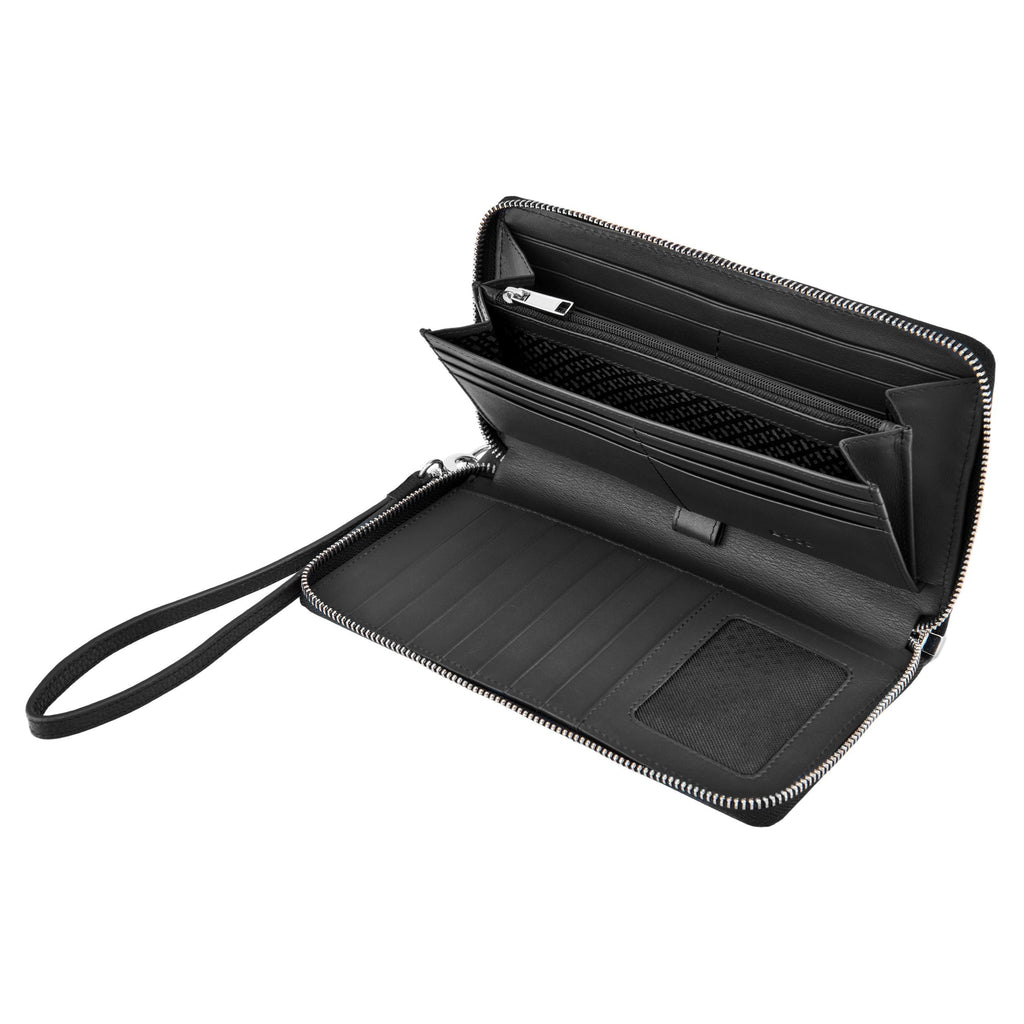BOSS black travel wallet in grained leather with BOSS metal logo