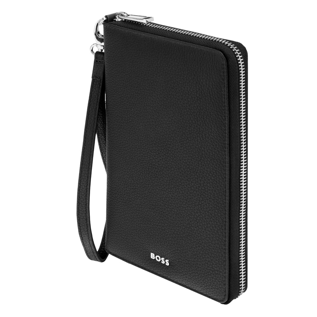 BOSS black travel wallet in grained leather with BOSS metal logo