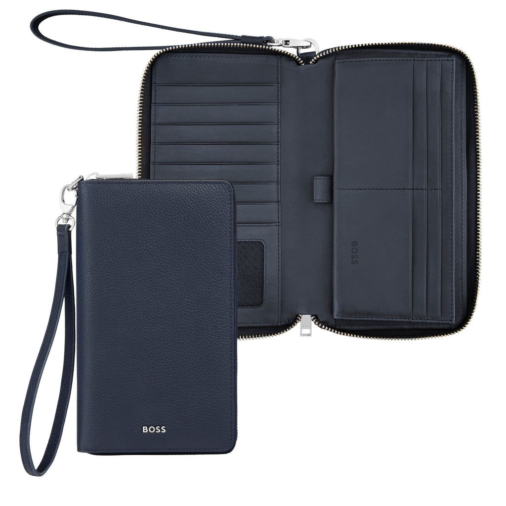 BOSS navy grained leather travel wallet with wrist strap