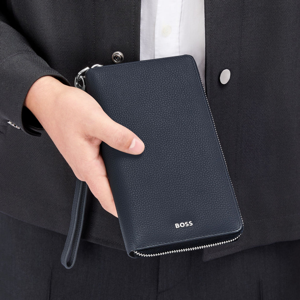 BOSS navy grained leather travel wallet with wrist strap