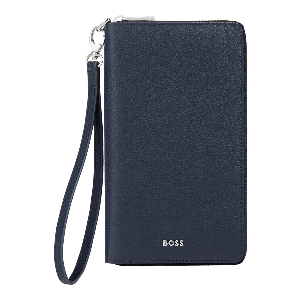 BOSS navy grained leather travel wallet with wrist strap
