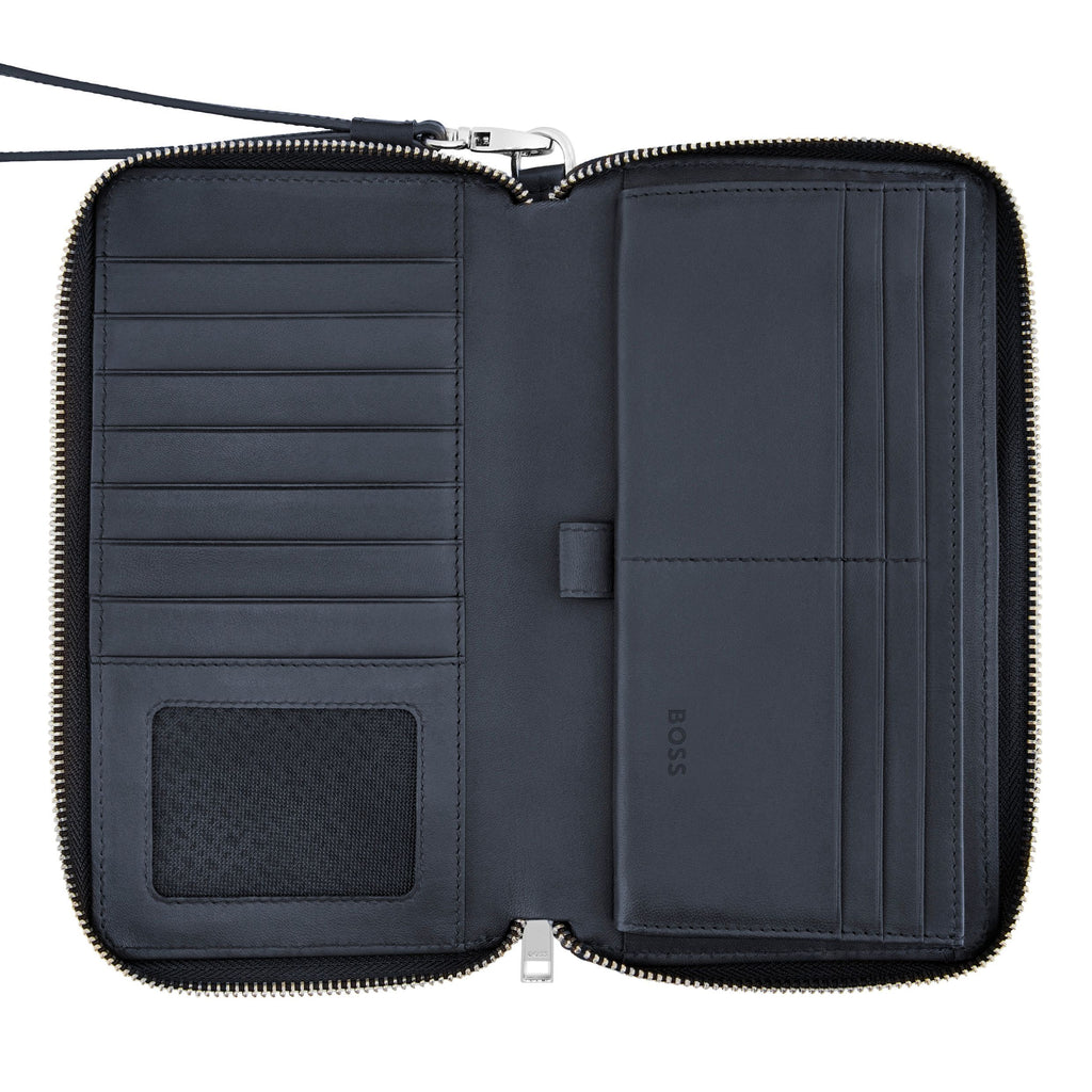 BOSS navy grained leather travel wallet with wrist strap