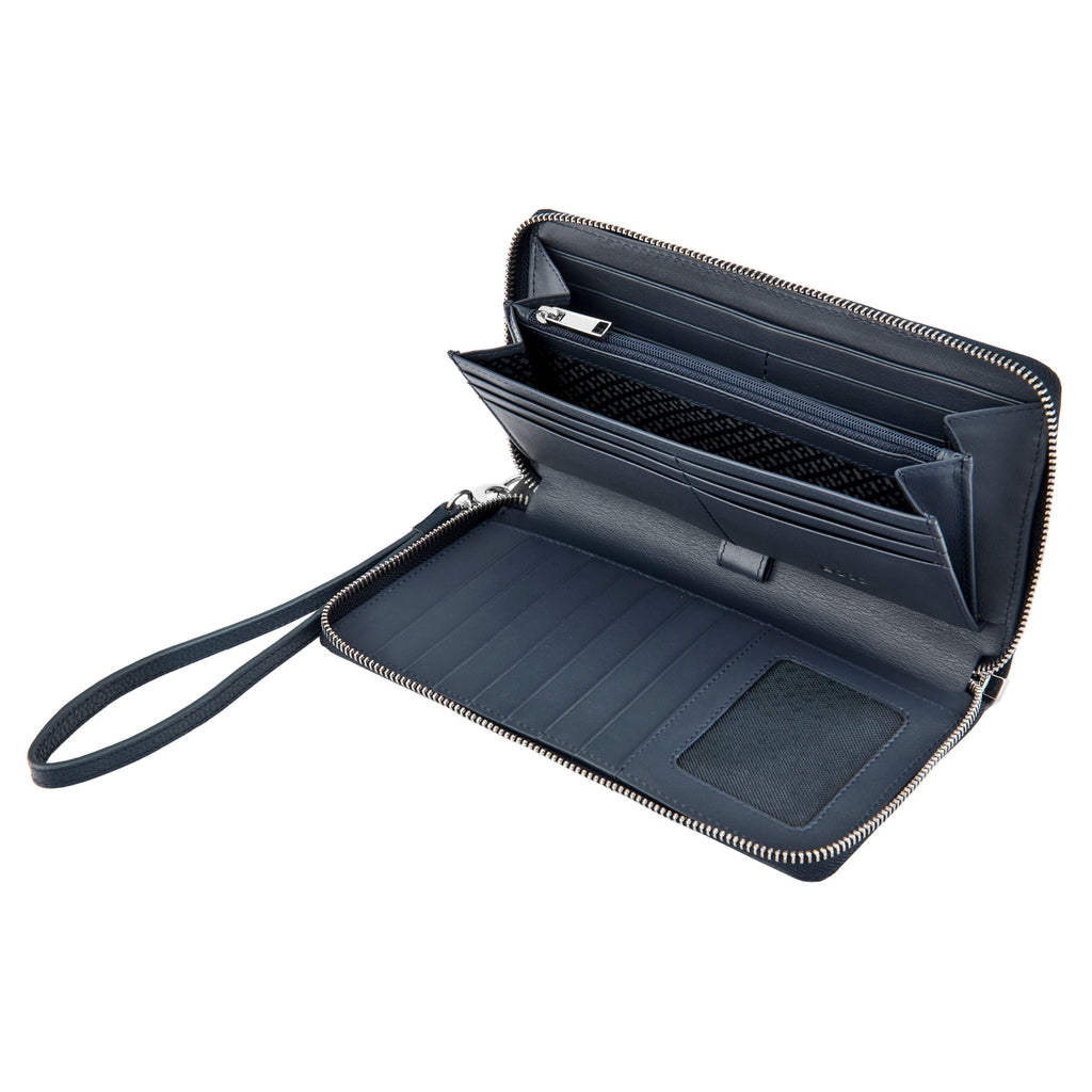 BOSS navy grained leather travel wallet with wrist strap