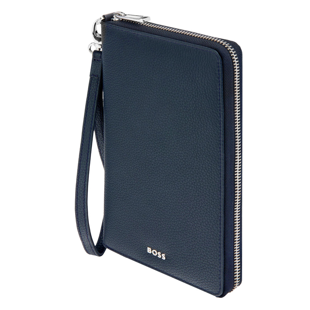 BOSS navy grained leather travel wallet with wrist strap
