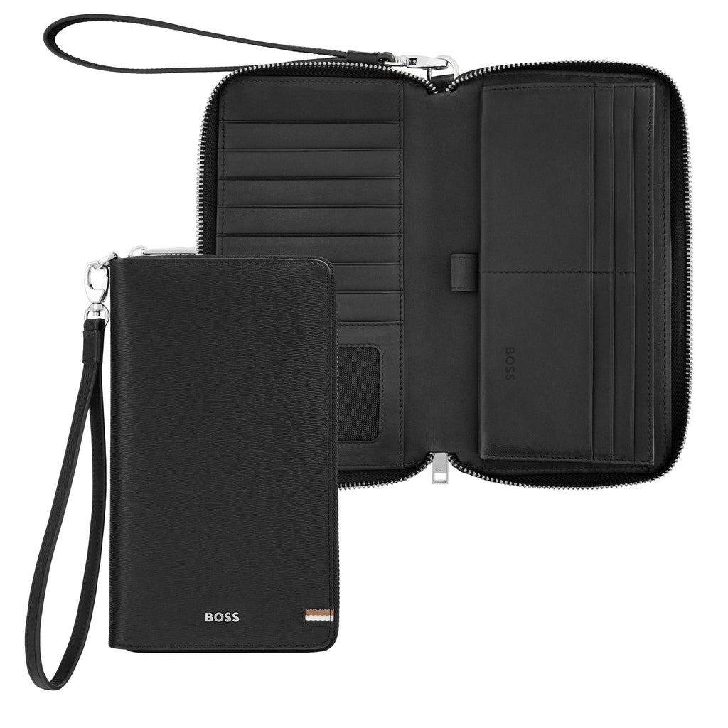 BOSS black leather ziped travel wallet Iconic with external wrist strap