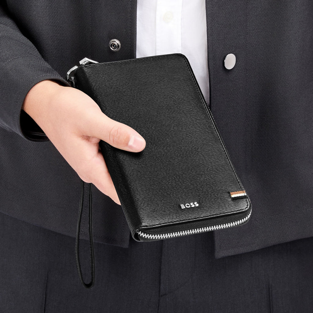 BOSS black leather ziped travel wallet Iconic with external wrist strap