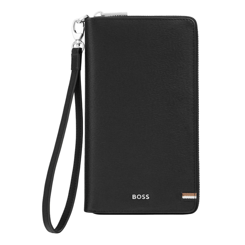 BOSS black leather ziped travel wallet Iconic with external wrist strap