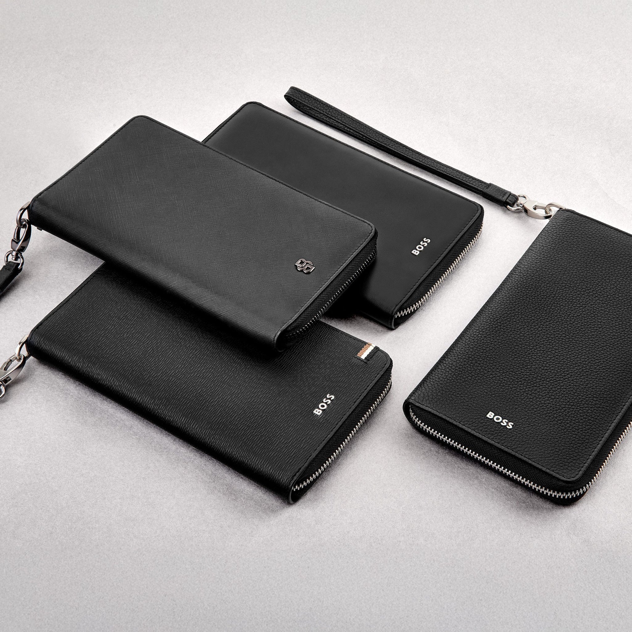 BOSS black leather ziped travel wallet Iconic with external wrist