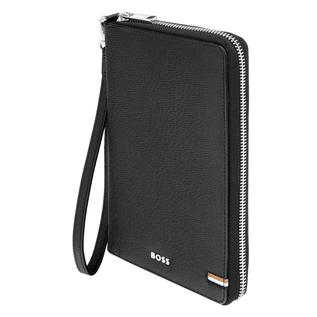 BOSS black leather ziped travel wallet Iconic with external wrist strap