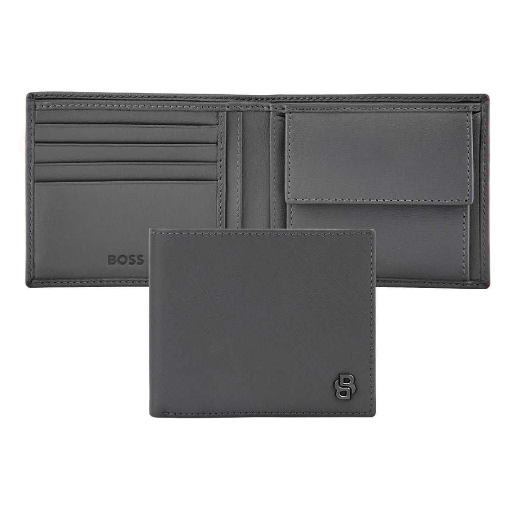 HUGO BOSS grey leather bifold money wallet with gun-plated Double B logo