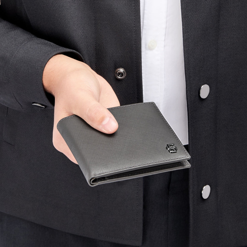 HUGO BOSS grey leather bifold money wallet with gun-plated Double B logo