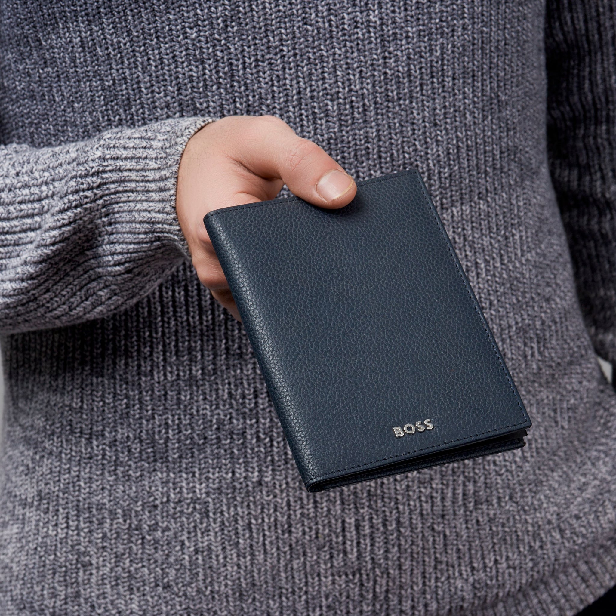 HUGO BOSS Men's Grained Navy Leather Passport holder & case