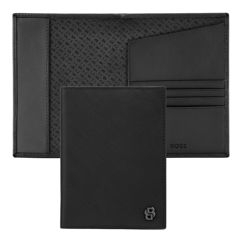 BOSS black leather passport holder in saffiano pattern with Double B logo