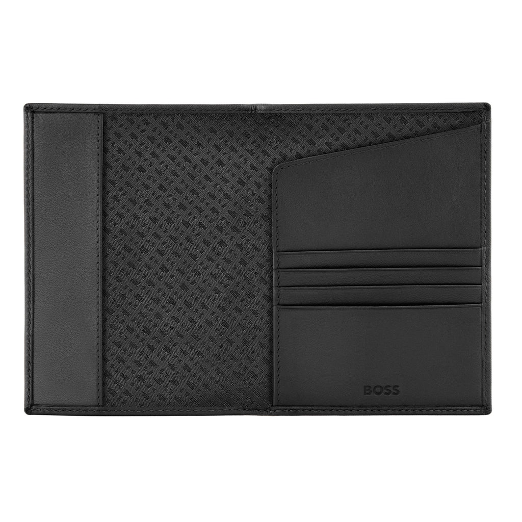 BOSS black leather passport holder in saffiano pattern with Double B logo
