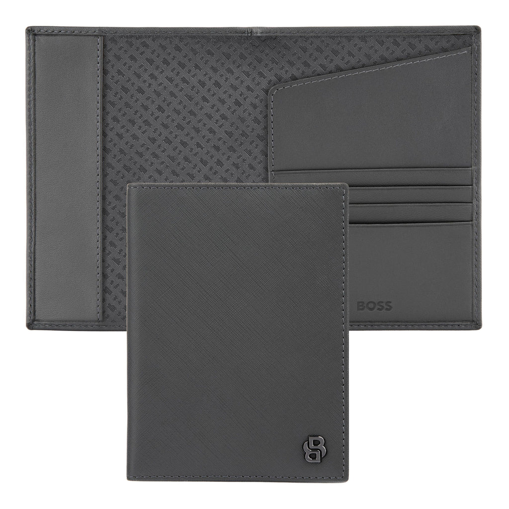 BOSS grey passport holder in saffiano texture with Double B lining