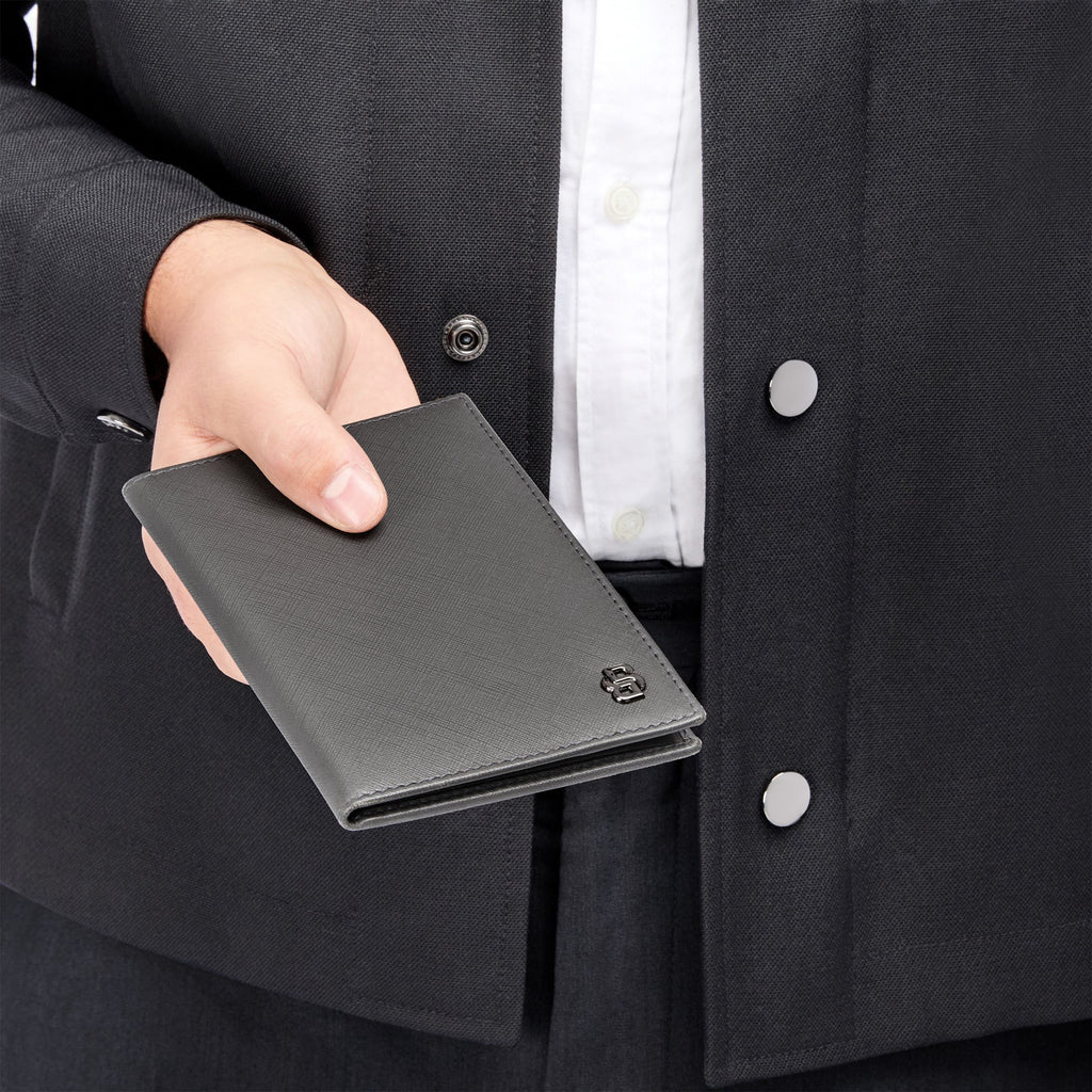 BOSS grey passport holder in saffiano texture with Double B lining