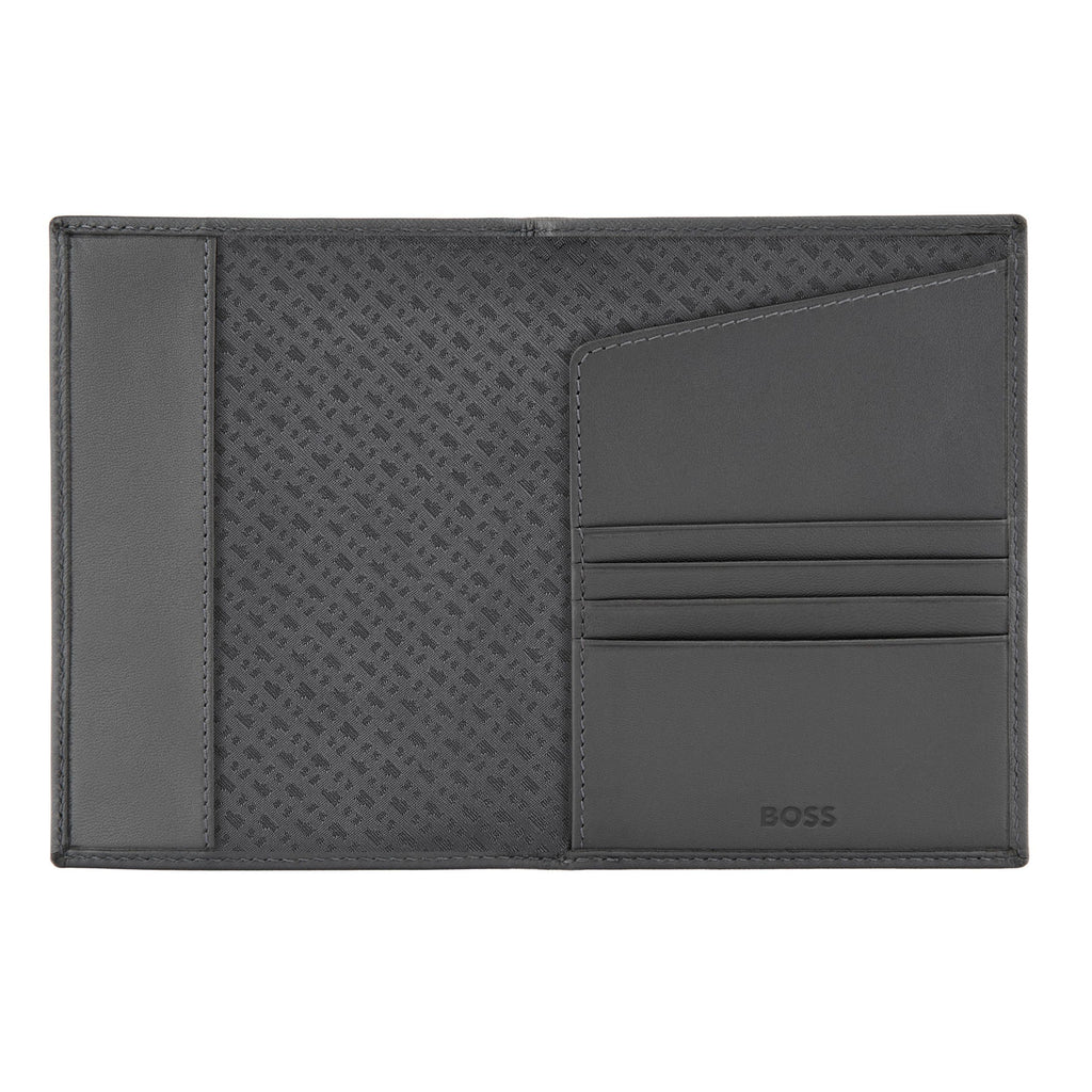 BOSS grey passport holder in saffiano texture with Double B lining