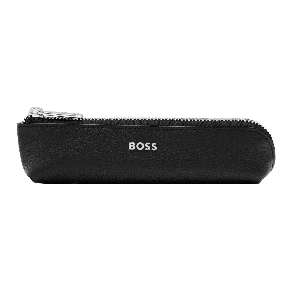 BOSS Leather Grained Black Zipped Small pen case with BOSS chrome logo