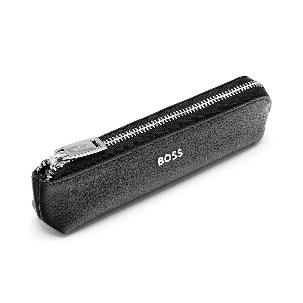 BOSS Leather Grained Black Zipped Small pen case with BOSS chrome logo