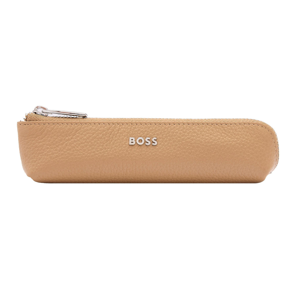 BOSS Leather Grained Camel Small pen case Classic with BOSS metal logo